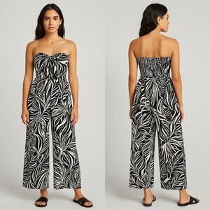 Patrons of Peace Strapless Wide Leg Jumpsuit Size S Black White Tropical Resort